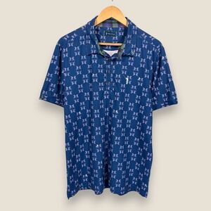 William Murray Performance Polo Golf Shirt Men Medium Blue Bicycle Print AOP
